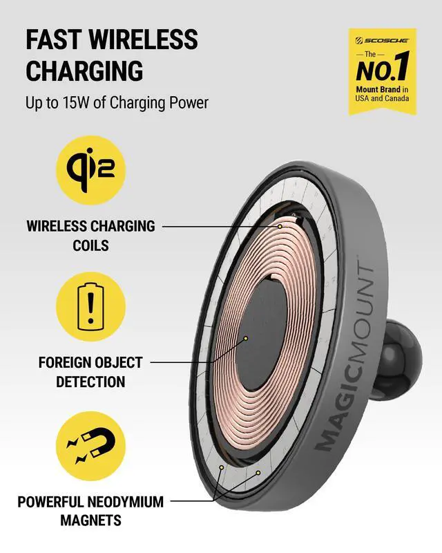 Alt view image 2 of 7 - Scosche MPQMRDV MagicMount Charge Pro Qi2 MagSafe Car Mount Charger, 15W Fast Magnetic Wireless Charging Phone Holder for Dashboard/Vent Compatible with iPhone 16/15/14/13/12 Pro Max Plus, Samsung S25