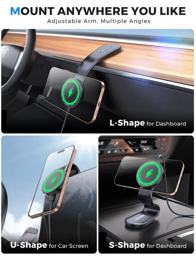 Alt view image 3 of 7 - eSamcore for Magsafe Car Mount Charger, Wireless Magnetic Car Phone Holder Detachable 15W Fast Charging for Dashboard with Bendable Aluminum Arm Only Fit iPhone 17 16 15 14 13 Pro Max Mini