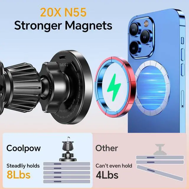 Alt view image 4 of 7 - Coolpow for MagSafe Car Mount ChargerUltra MagnetMagnetic Phone Holders for Your Car ChargerWindshield+Vent+DashMagnetic Wireless Car Phone Holder Charger Car Mount for iPhone 17 Pro Max 16 15 14