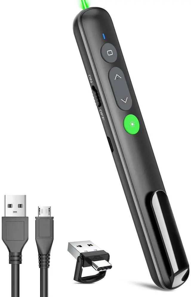 Main image of Presentation Clicker PowerPoint Wireless Presenter Remote: Rechargeable Green Laser Pointer Clickers USB A Type C Computer Mac Power Point PPT Slideshow Google Slide Advancer