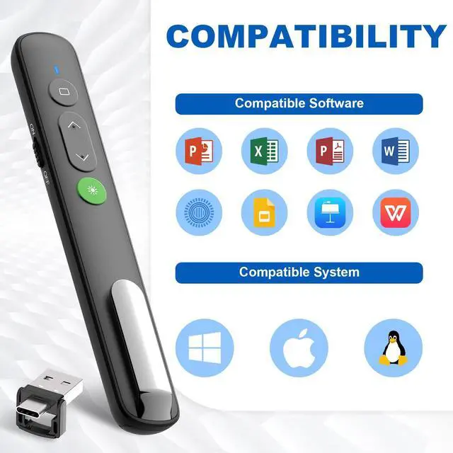 Alt view image 6 of 7 - Presentation Clicker PowerPoint Wireless Presenter Remote: Rechargeable Green Laser Pointer Clickers USB A Type C Computer Mac Power Point PPT Slideshow Google Slide Advancer