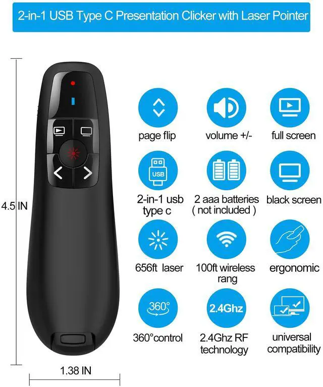 Alt view image 4 of 7 - Wireless Presenter Remote Presentation Clicker: USB Type C PowerPoint Clicker with Red Pointer Long Range PPT Control - Universal Power Point Slide Advancer for Mac MacBook Laptop PC Computer Keynote