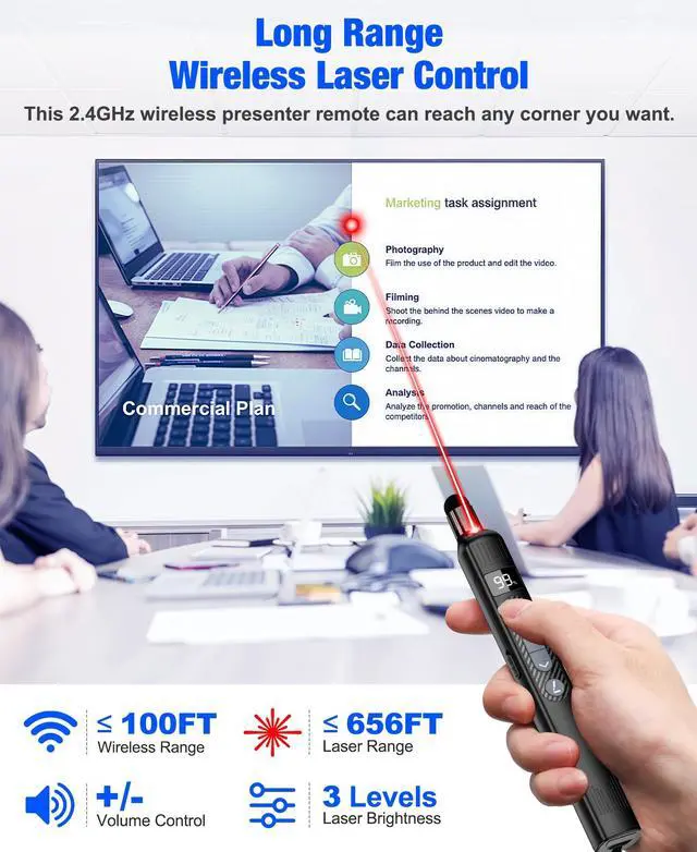 Alt view image 3 of 7 - Wireless Presentation Remote Clicker with Touch Screen Stylus Pen and Telescopic Pointer Stick,Rechargeable Professional Presenter with Digital Display,Support Presentations on MAC, PC, and Laptops