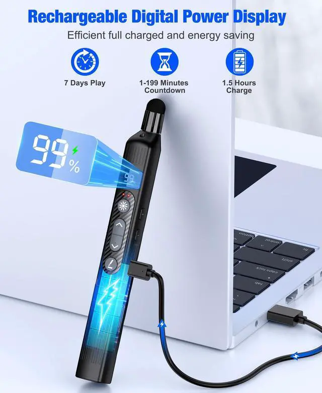 Alt view image 5 of 7 - Wireless Presentation Remote Clicker with Touch Screen Stylus Pen and Telescopic Pointer Stick,Rechargeable Professional Presenter with Digital Display,Support Presentations on MAC, PC, and Laptops
