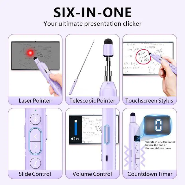 Alt view image 2 of 7 - Norwii N21 Bluetooth Presentation Clicker with Telescopic Teaching Pointer, Presentation Remote with Retractable Stick for PowerPiont, Wireless Presenter, Slide Advancer - Purple