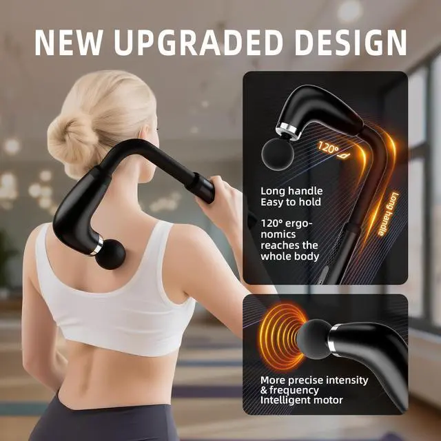 Alt view image 3 of 7 - BEONISI Massage Gun with Upgraded Extension Handle,Back Massage Gun Deep Tissue,Back Massager for Pain Relief for Muscles Neck Shoulders Waist Arm Legs Foot,4 Replaceable Heads & 9 Speeds (Black)