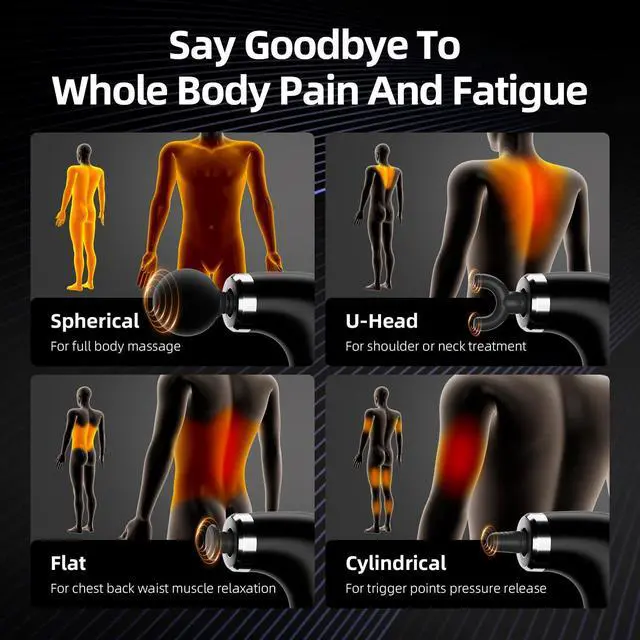 Alt view image 7 of 7 - BEONISI Massage Gun with Upgraded Extension Handle,Back Massage Gun Deep Tissue,Back Massager for Pain Relief for Muscles Neck Shoulders Waist Arm Legs Foot,4 Replaceable Heads & 9 Speeds (Black)