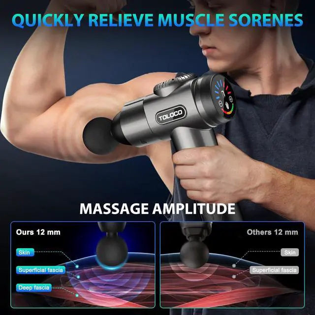 Alt view image 5 of 7 - TOLOCO Massage Gun, Deep Tissue Back Massage for Athletes for Pain Relief, Percussion Massager with 10 Massages Heads & Silent Brushless Motor, Christmas Gifts for Women, Men, Grey