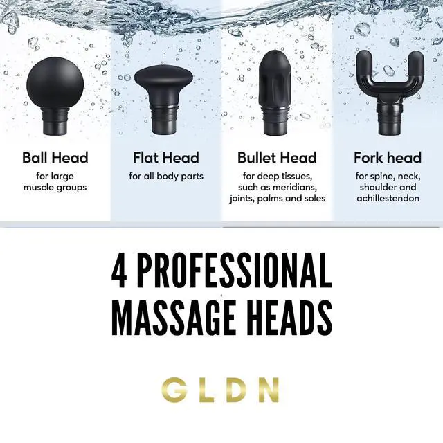 Alt view image 4 of 7 - GLDN Mini Massage Gun with Luxurious Gold Finish, High Intensity Deep Tissue Percussion Massager for Back, Neck, & Body Pain, Electric Massager with 4 Massage Heads, Pain Relief Gifts for Men & Women