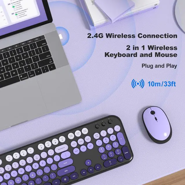 Alt view image 2 of 7 - MOFII Wireless Keyboard and Mouse Combo, Cute Keyboard Full Size and Wireless Mouse, 2.4GHz Retro Typewriter Keyboard Mouse Set for PC/Desktop/Laptop/Windows (Black Purple)