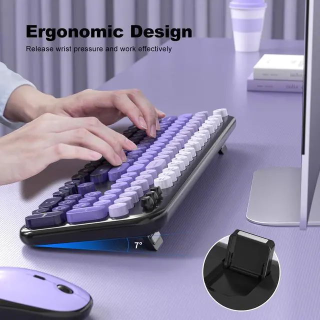 Alt view image 4 of 7 - MOFII Wireless Keyboard and Mouse Combo, Cute Keyboard Full Size and Wireless Mouse, 2.4GHz Retro Typewriter Keyboard Mouse Set for PC/Desktop/Laptop/Windows (Black Purple)