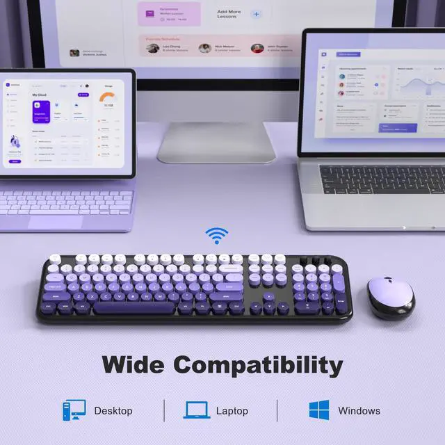 Alt view image 6 of 7 - MOFII Wireless Keyboard and Mouse Combo, Cute Keyboard Full Size and Wireless Mouse, 2.4GHz Retro Typewriter Keyboard Mouse Set for PC/Desktop/Laptop/Windows (Black Purple)