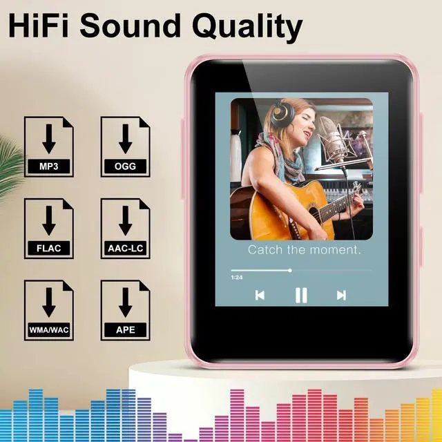 Alt view image 6 of 7 - 1.8 inch HiFi Portable Music Player, Equipped with Bluetooth 64GB Sport MP3 Player, FM Radio, Recording, E-Book, Supports 512GB TF Card, Pink