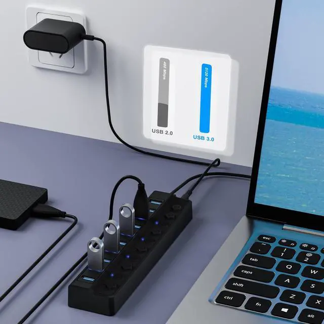 Alt view image 2 of 7 - ONFINIO Powered USB Hub 3.0, 10-Port USB Splitter Hub with Individual On/Off Switches and 12V/2A Power Adapter USB Extension