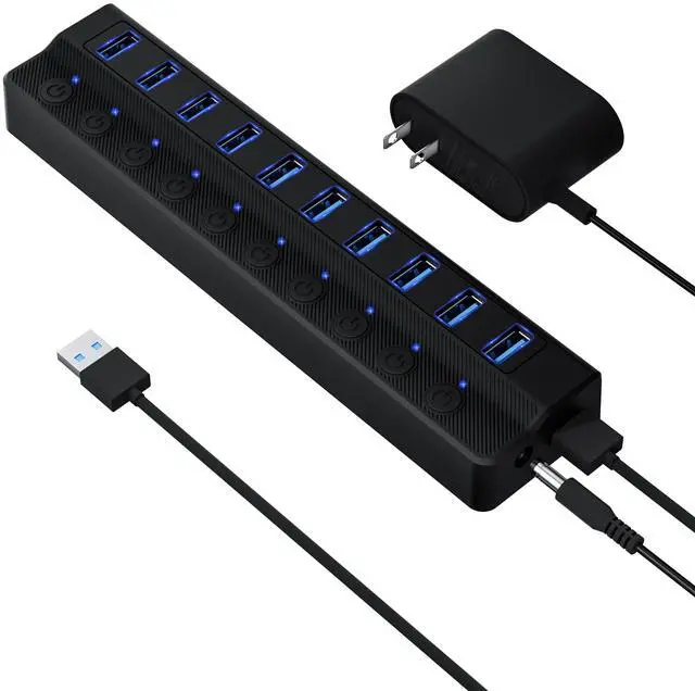 Main image of ONFINIO Powered USB Hub 3.0, 10-Port USB Splitter Hub with Individual On/Off Switches and 12V/2A Power Adapter USB Extension