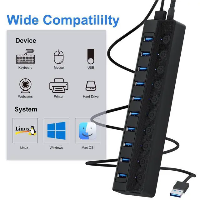 Alt view image 3 of 7 - ONFINIO Powered USB Hub 3.0, 10-Port USB Splitter Hub with Individual On/Off Switches and 12V/2A Power Adapter USB Extension