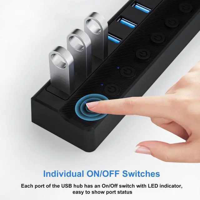 Alt view image 4 of 7 - ONFINIO Powered USB Hub 3.0, 10-Port USB Splitter Hub with Individual On/Off Switches and 12V/2A Power Adapter USB Extension
