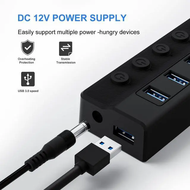 Alt view image 5 of 7 - ONFINIO Powered USB Hub 3.0, 10-Port USB Splitter Hub with Individual On/Off Switches and 12V/2A Power Adapter USB Extension