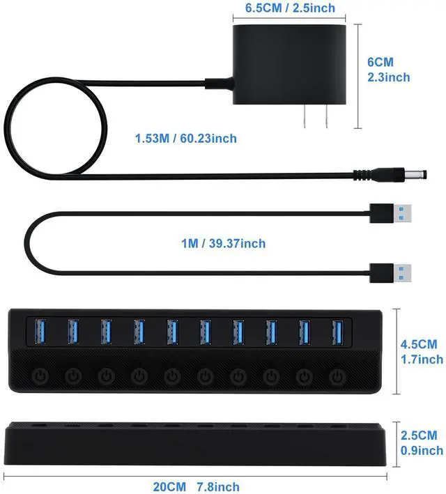 Alt view image 6 of 7 - ONFINIO Powered USB Hub 3.0, 10-Port USB Splitter Hub with Individual On/Off Switches and 12V/2A Power Adapter USB Extension