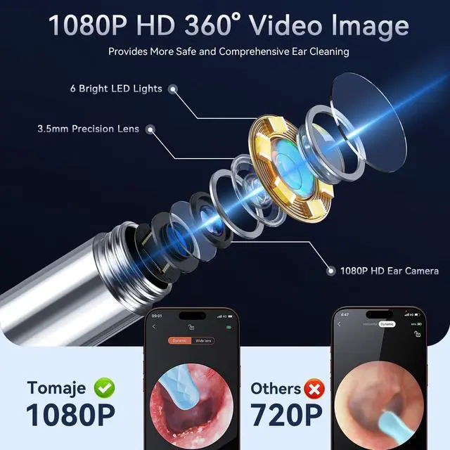 Alt view image 2 of 7 - Tomaje Ear Wax Removal Tool Camera, Earwax Removal Tools, Earwax Remover, Ear Wax Scooper, Ear Cleaner with Camera, 1080P HD Ear Camera and 6 LED Light, 6 Ear Pick & Ear Set for iOS & Android, Black