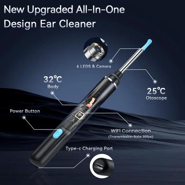 Alt view image 3 of 7 - Tomaje Ear Wax Removal Tool Camera, Earwax Removal Tools, Earwax Remover, Ear Wax Scooper, Ear Cleaner with Camera, 1080P HD Ear Camera and 6 LED Light, 6 Ear Pick & Ear Set for iOS & Android, Black