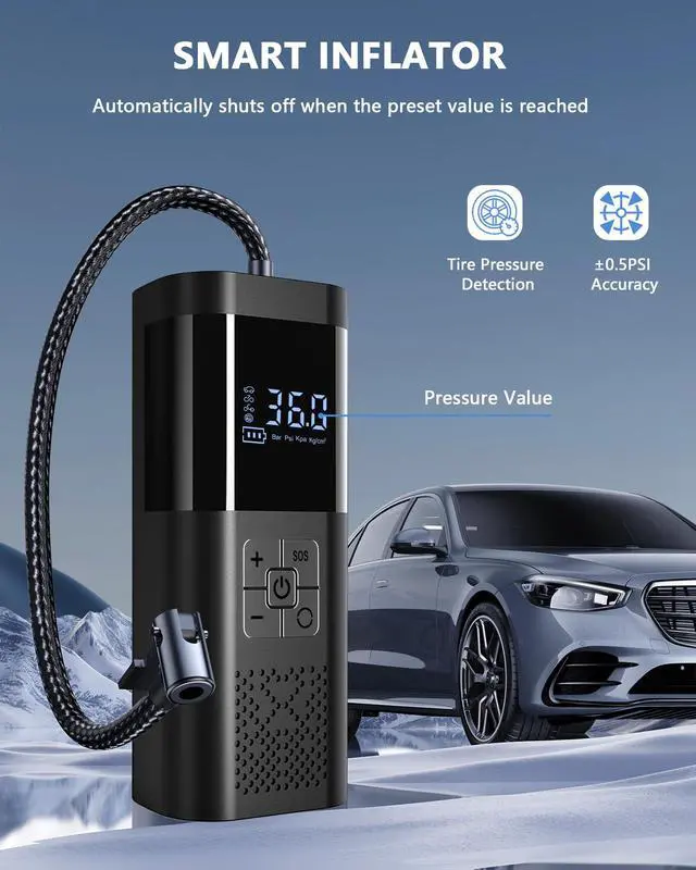 Alt view image 2 of 7 - Tire Inflator Portable Air Compressor 150PSI Cordless Air Pump For Car Tires With Digital Pressure Gauge Auto Shut-Off Type C Charging And LED Light For Cars Motorcycles Bicycles Balls And More