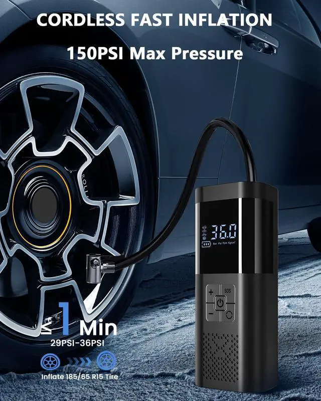 Alt view image 4 of 7 - Tire Inflator Portable Air Compressor 150PSI Cordless Air Pump For Car Tires With Digital Pressure Gauge Auto Shut-Off Type C Charging And LED Light For Cars Motorcycles Bicycles Balls And More