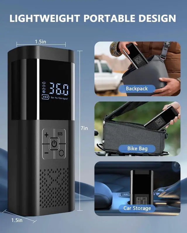 Alt view image 6 of 7 - Tire Inflator Portable Air Compressor 150PSI Cordless Air Pump For Car Tires With Digital Pressure Gauge Auto Shut-Off Type C Charging And LED Light For Cars Motorcycles Bicycles Balls And More