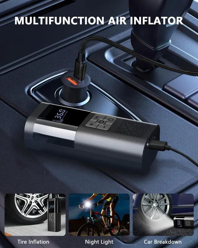 Alt view image 7 of 7 - Tire Inflator Portable Air Compressor 150PSI Cordless Air Pump For Car Tires With Digital Pressure Gauge Auto Shut-Off Type C Charging And LED Light For Cars Motorcycles Bicycles Balls And More