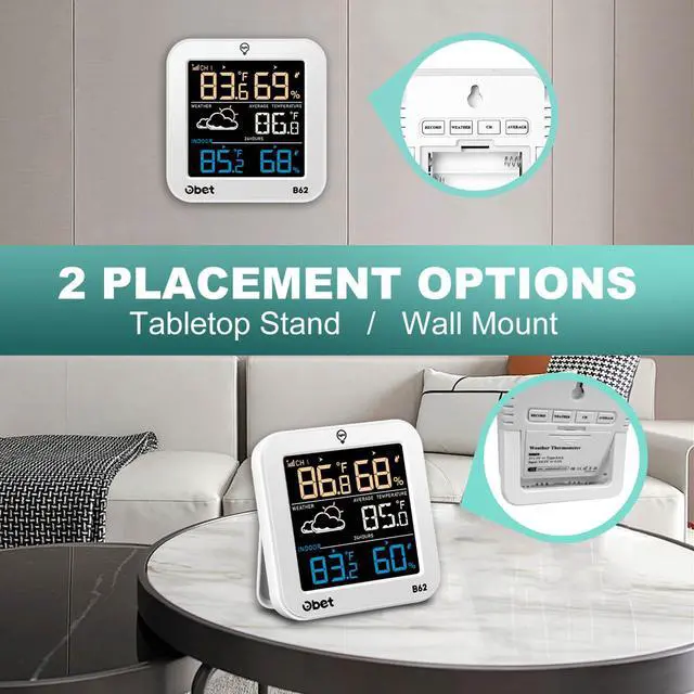 Alt view image 3 of 7 - OBET Indoor Outdoor Thermometer Wireless Weather Station with 500FT Range Sensor and Adjustable Backlight Color Display Digital Temperature Humidity Monitor for House Patio