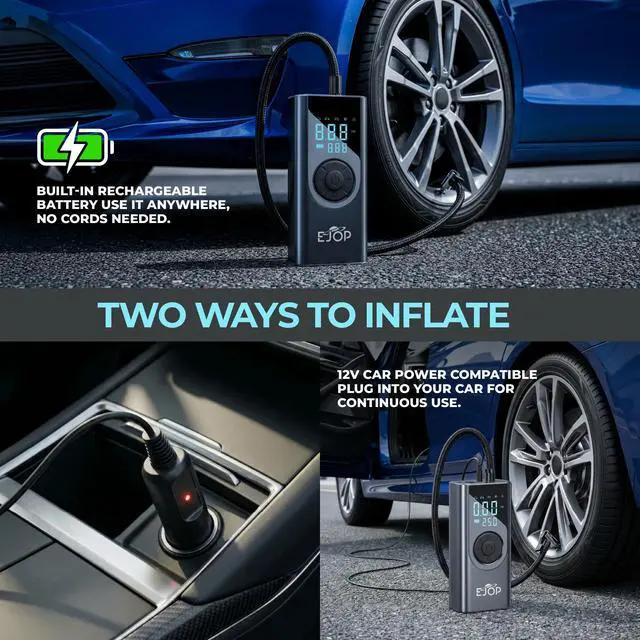 Alt view image 3 of 7 - EJOP 150PSI Tire Inflator Portable Air Compressor, Air Pump for Car Tires with Digital Pressure Gauge, Cordless Pump for Car Motorcycle Bicycle Ball, LED Light, Auto Shut-Off,Dual Display,12V Adapter