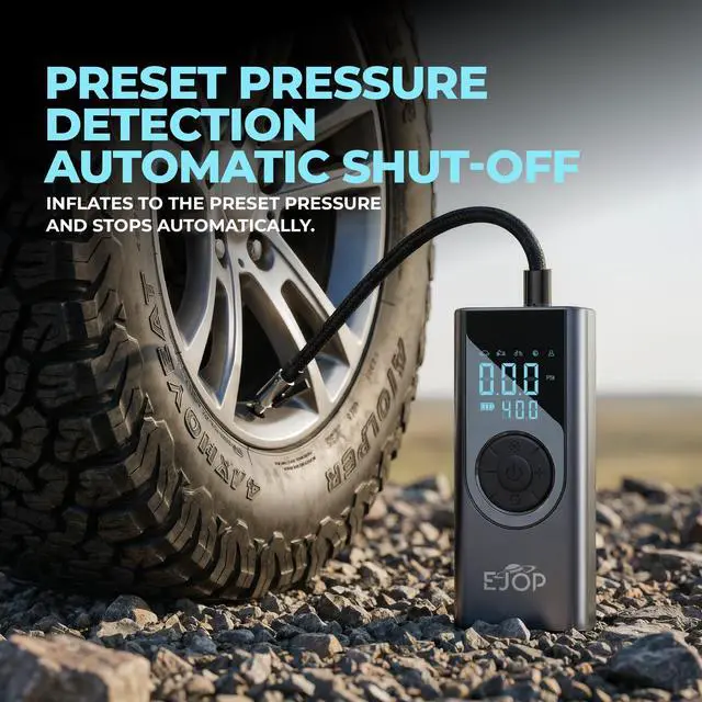 Alt view image 4 of 7 - EJOP 150PSI Tire Inflator Portable Air Compressor, Air Pump for Car Tires with Digital Pressure Gauge, Cordless Pump for Car Motorcycle Bicycle Ball, LED Light, Auto Shut-Off,Dual Display,12V Adapter