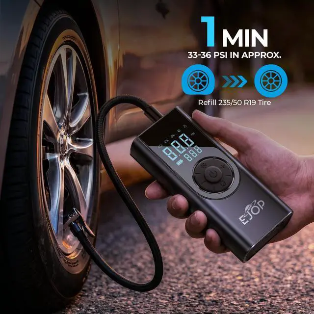 Alt view image 5 of 7 - EJOP 150PSI Tire Inflator Portable Air Compressor, Air Pump for Car Tires with Digital Pressure Gauge, Cordless Pump for Car Motorcycle Bicycle Ball, LED Light, Auto Shut-Off,Dual Display,12V Adapter