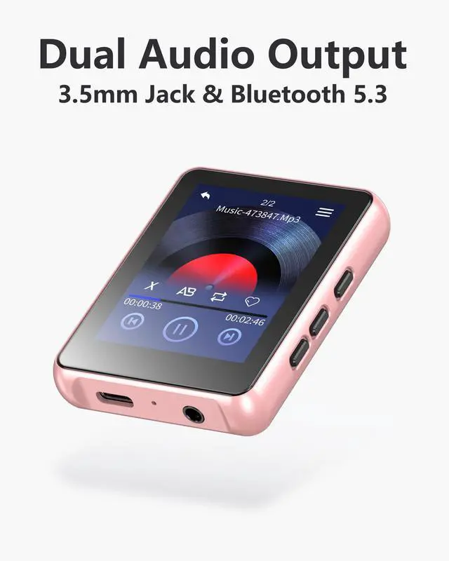 Alt view image 3 of 7 - KeenPlus 64GB MP3 Player with Bluetooth 5.3,Zinc Alloy Metal Portable Music Player,2.4" Small Touch Screen,HiFi Lossless Sound,FM Radio,3.5mm Jack,No WiFi for Summer Camp,Sports & Travel,Pink