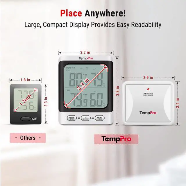 Alt view image 5 of 7 - TempPro Indoor Outdoor Thermometer Wireless, 500 ft Outside Thermometer with Cold-Resistant Sensor, Outdoor Thermometer Waterproof for Patio with 3.3" LCD Backlit Display (Previously ThermoPro)
