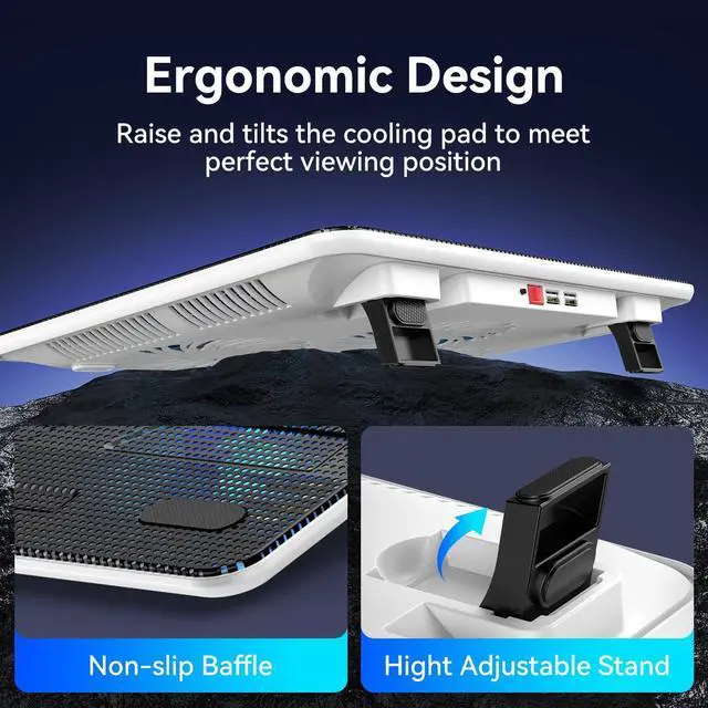 Alt view image 4 of 7 - TECKNET Laptop Cooling Pad, Portable Slim Quiet USB Powered Laptop Notebook Cooler Cooling Pad Stand Chill Mat with 3 Blue LED Fans, Fits 12-17 Inches (White)