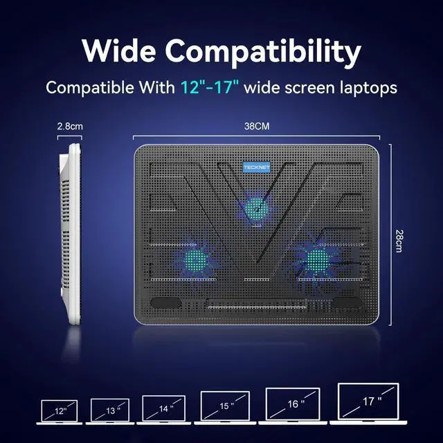 Alt view image 7 of 7 - TECKNET Laptop Cooling Pad, Portable Slim Quiet USB Powered Laptop Notebook Cooler Cooling Pad Stand Chill Mat with 3 Blue LED Fans, Fits 12-17 Inches (White)