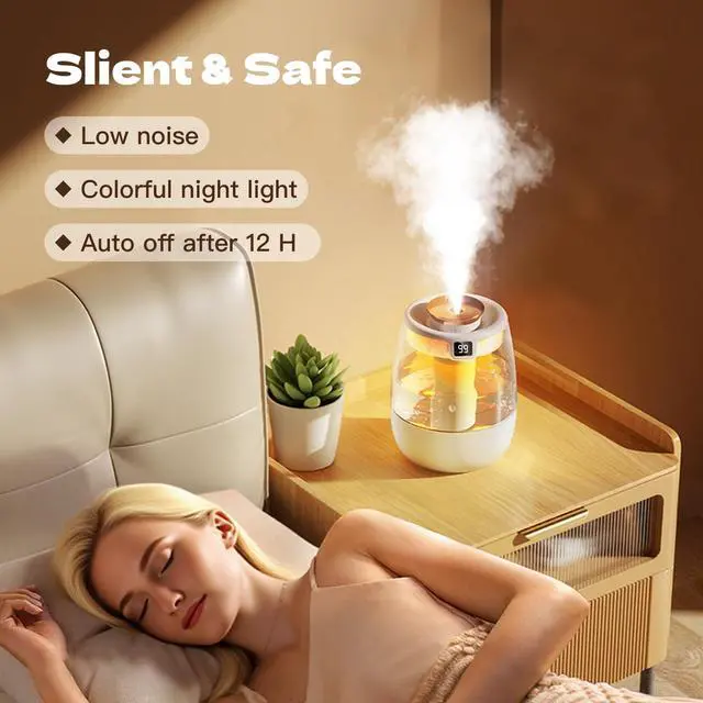 Alt view image 4 of 7 - SwiftCool Double Spray Air Humidifier for Bedroom, 2L Quiet Cool Mist Humidifier for Plants Dorm Room Office Home Car Personal Humidificador with Digital Display 3 Mist Modes & Night Light