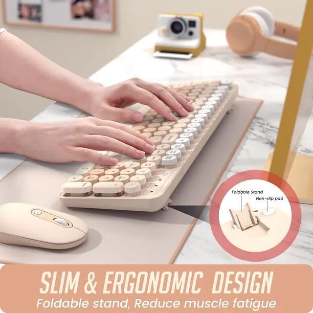 Alt view image 2 of 7 - Wireless Keyboard and Mouse, Silent Keyboard Mouse Combo, Full-Sized Colorful Typewriter Keyboard with Round Keycaps, 2.4G Cute Mouse Compatible with PC/Laptop/Computer(Milk Tea)