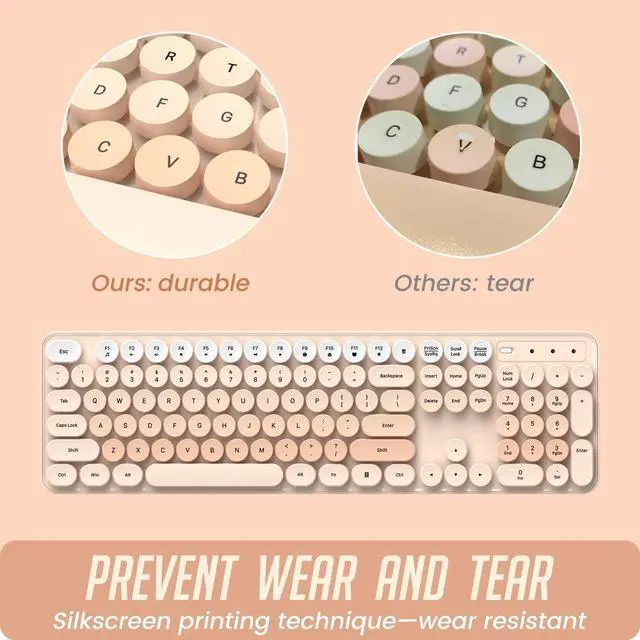 Alt view image 6 of 7 - Wireless Keyboard and Mouse, Silent Keyboard Mouse Combo, Full-Sized Colorful Typewriter Keyboard with Round Keycaps, 2.4G Cute Mouse Compatible with PC/Laptop/Computer(Milk Tea)