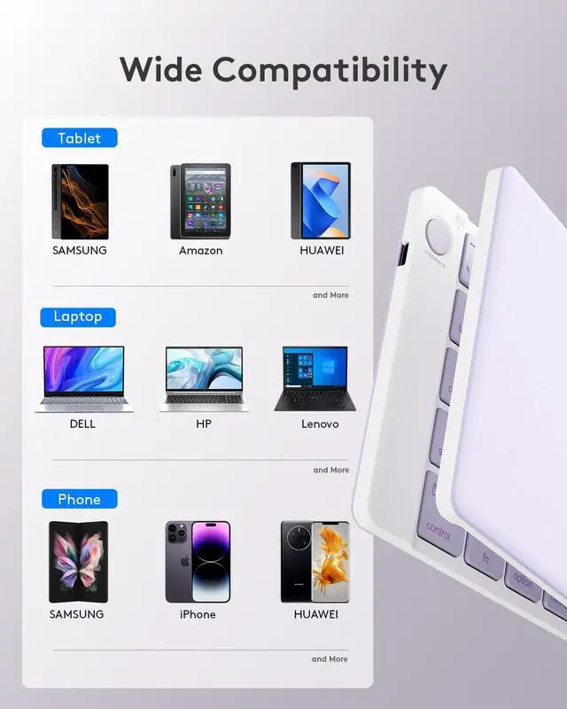 Alt view image 7 of 7 - Samsers Bluetooth Foldable Keyboard, Wireless Portable Folding Keyboard, Full-Size Ultra-Slim Rechargeable Connect Up to 3 Devices for iOS Android Windows Phone Tablet and Laptop, Purple