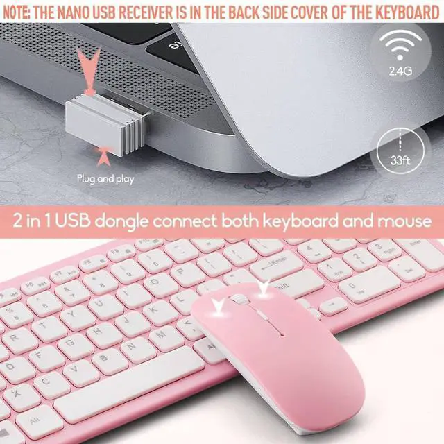Alt view image 3 of 7 - Wireless Keyboard and Mouse Combo, Compact Quiet Wireless Keyboard and Mouse Set 2.4G Ultra-Thin Sleek Design for Windows, Computer, Desktop, PC, Notebook, Laptop (Pink)