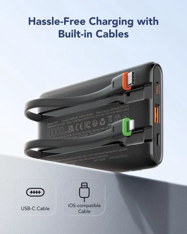 Alt view image 2 of 7 - VEGER Portable Charger with Built in Cable, 10000mAh 22.5W Fast Charging USB C Battery Pack, 4 Outputs 3 Inputs Power Bank for iPhone 17/16/15/14 Series, iPad, Samsung, Android, Tablet, Black(1 Pack)