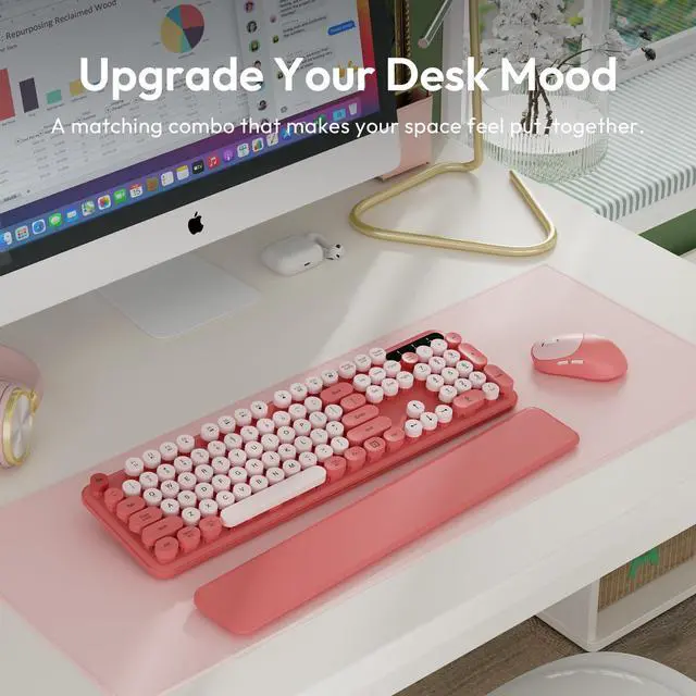 Alt view image 2 of 7 - Wireless Keyboard and Mouse Combo, Typewriter Keyboard with Magnetic Wrist Rest, Full-Size Retro Round Keycaps, Smart-Sleep, 2.4GHz Stable Connection for Mac/Windows/PC, Trueque(Blush Pink)