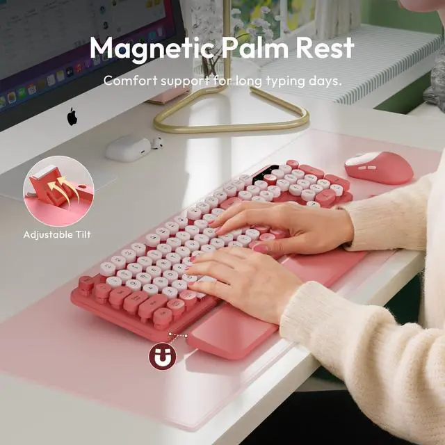 Alt view image 3 of 7 - Wireless Keyboard and Mouse Combo, Typewriter Keyboard with Magnetic Wrist Rest, Full-Size Retro Round Keycaps, Smart-Sleep, 2.4GHz Stable Connection for Mac/Windows/PC, Trueque(Blush Pink)