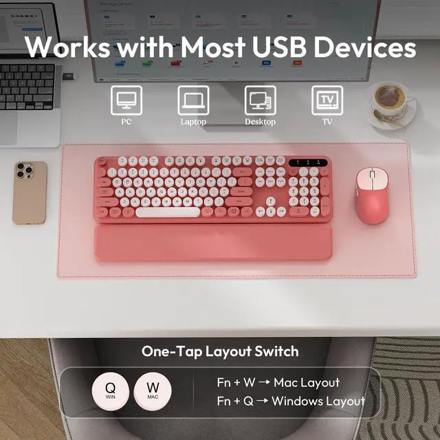 Alt view image 6 of 7 - Wireless Keyboard and Mouse Combo, Typewriter Keyboard with Magnetic Wrist Rest, Full-Size Retro Round Keycaps, Smart-Sleep, 2.4GHz Stable Connection for Mac/Windows/PC, Trueque(Blush Pink)