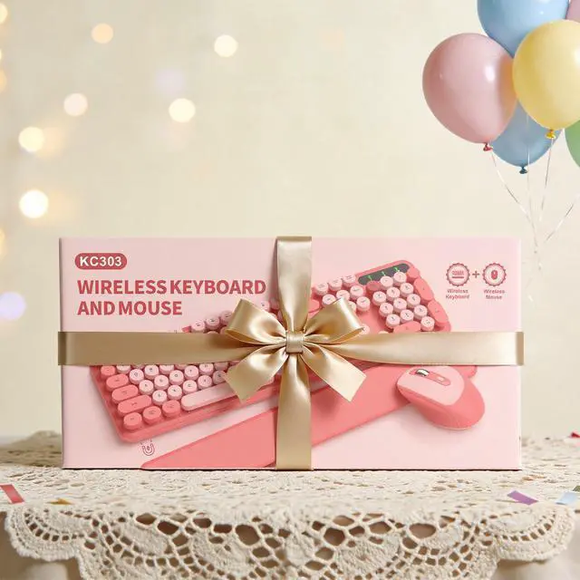 Alt view image 7 of 7 - Wireless Keyboard and Mouse Combo, Typewriter Keyboard with Magnetic Wrist Rest, Full-Size Retro Round Keycaps, Smart-Sleep, 2.4GHz Stable Connection for Mac/Windows/PC, Trueque(Blush Pink)