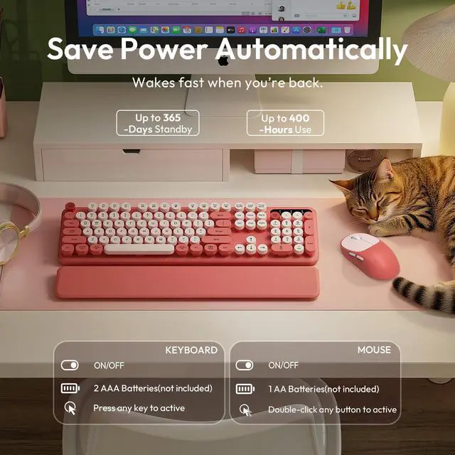 Alt view image 5 of 7 - Wireless Keyboard and Mouse Combo, Typewriter Keyboard with Magnetic Wrist Rest, Full-Size Retro Round Keycaps, Smart-Sleep, 2.4GHz Stable Connection for Mac/Windows/PC, Trueque(Blush Pink)