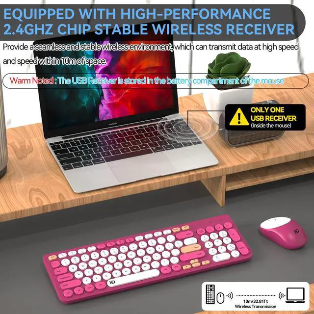 Alt view image 2 of 6 - FD Wireless Keyboards and Mouse Combo - 2.4GHz USB Cordless, Cute Wireless Keyboard Round Keys, Quiet and Slim Set for Laptop, Computer, TV and Mac - Strawberry White Colorful