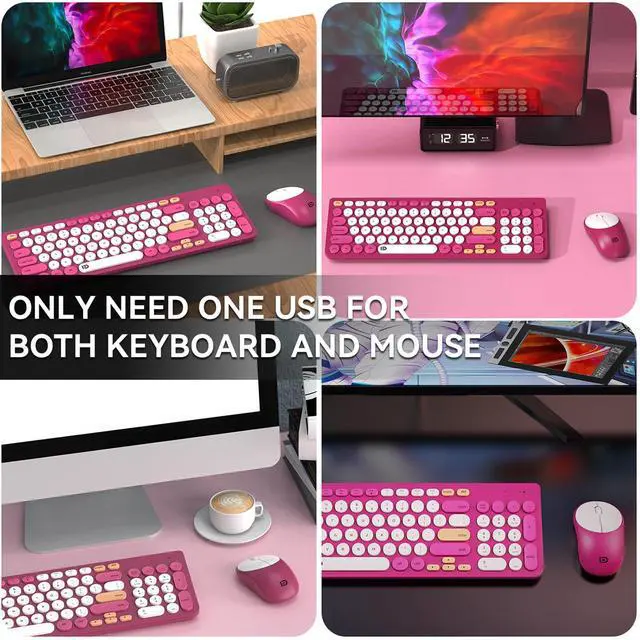Alt view image 6 of 6 - FD Wireless Keyboards and Mouse Combo - 2.4GHz USB Cordless, Cute Wireless Keyboard Round Keys, Quiet and Slim Set for Laptop, Computer, TV and Mac - Strawberry White Colorful